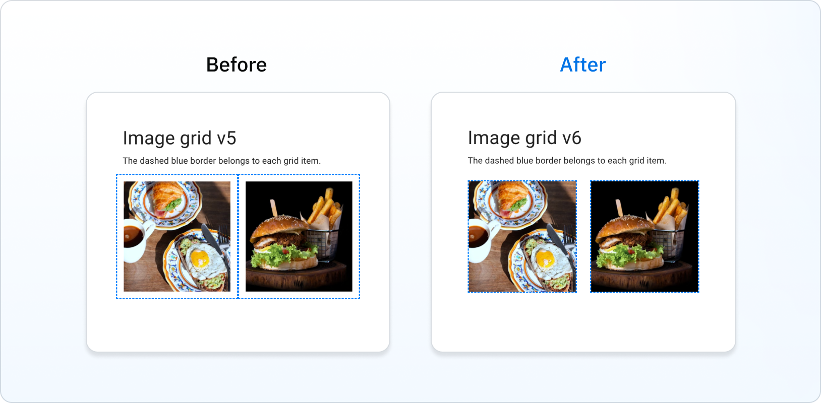 Before and after of the Grid items no longer including spacing in their box.